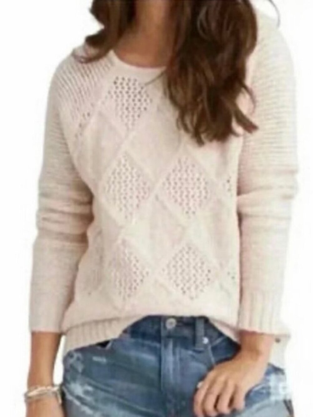 American Eagle Cream Textured Knit Sweater Crew Neck Cozy Women’s Size Medium